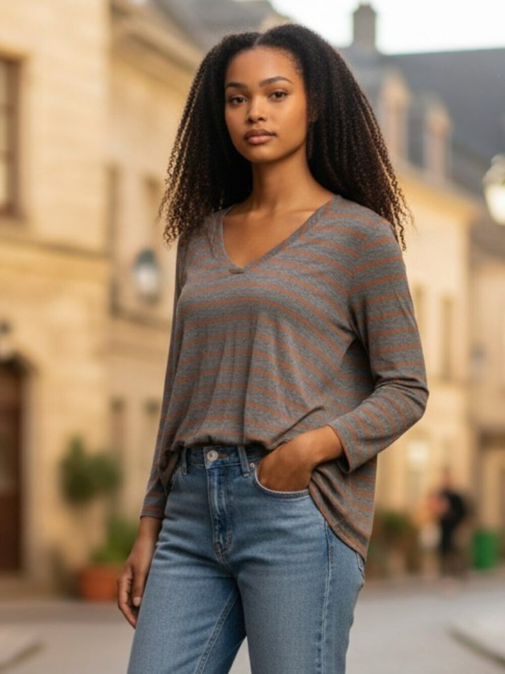 Matilda Jane Womens Medium Gray Striped 3/4 Sleeve V Neck Shirt Tee Top Size M